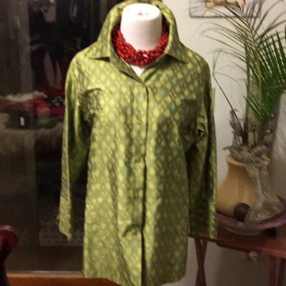 Green Print 100%Silk Blouse